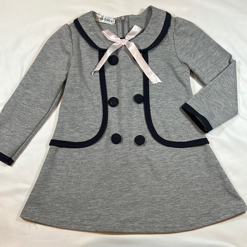 🎀Little Baby Girls Grey with Navy trim Dress Size 100 (3T) - Picture 1 of 7